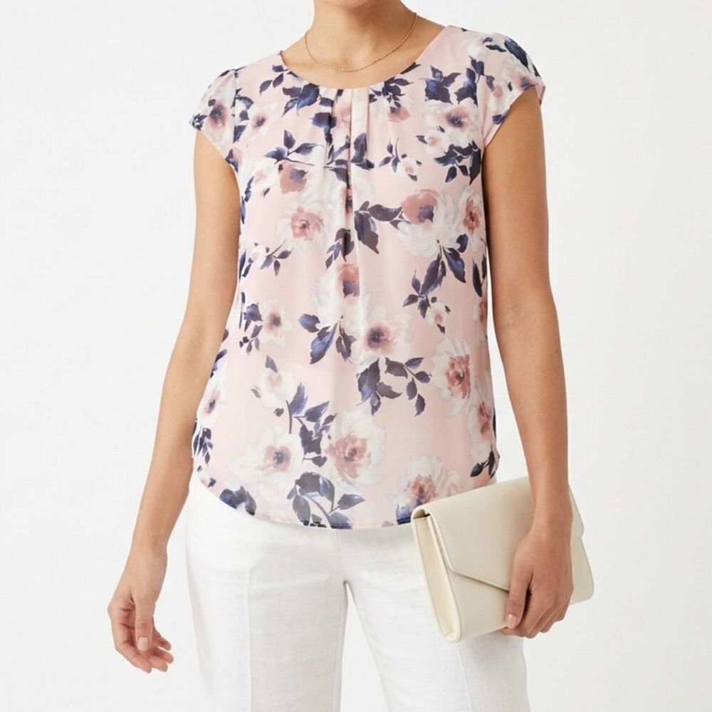twine & string Blush Pink Floral Blouse Top L Cap Sleeve Garden Boho Office Chic